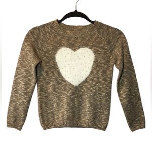 Mini Molly Sweater Girls 10/12 Tan White Fuzzy Heart Crewneck Pullover Jumper